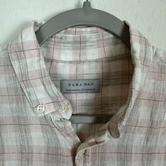 Zara Man Linen Blend Button Down Shirt M Pink Plaid Minimalist Contemporary - Picture 5 of 10